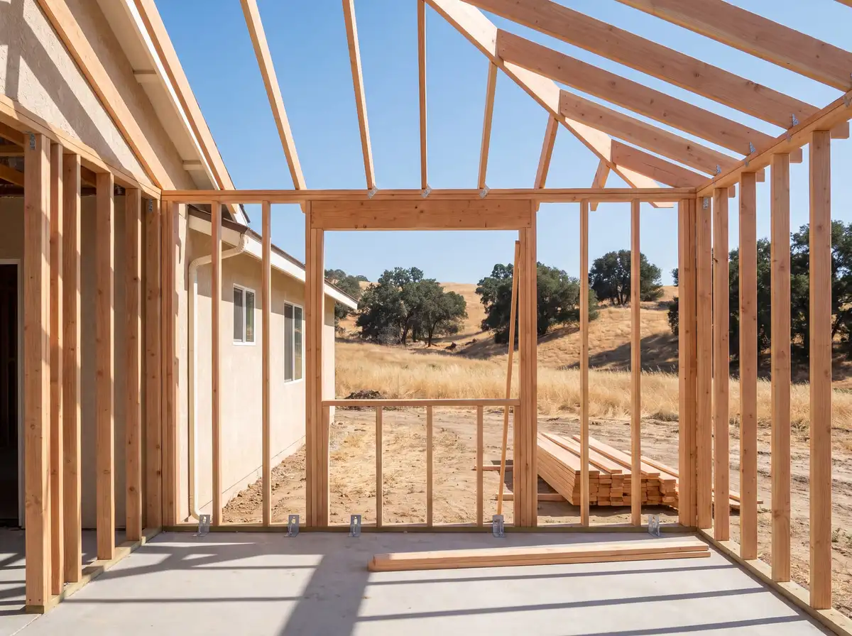 Room addition at the framing stage with new stud walls and open rafters on a concrete slab behind a stucco house, AI-generated illustration