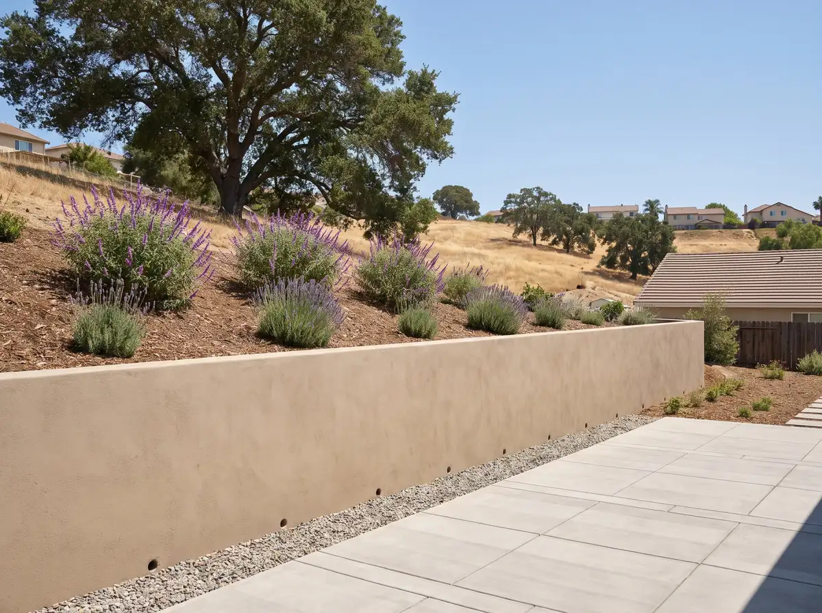 New stucco-finished retaining wall with drainage at its base holding a sloped back yard above a concrete patio, AI-generated illustration