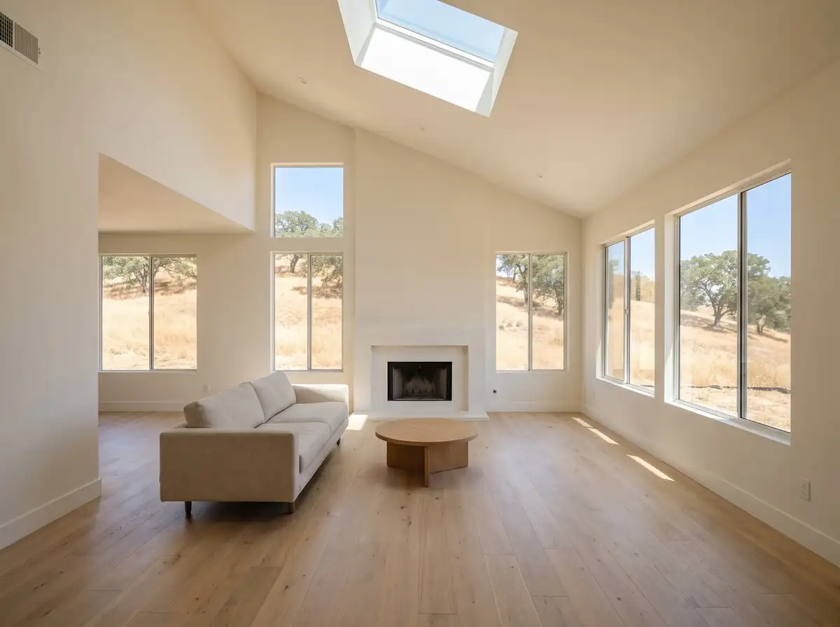 Remodeled living room with a vaulted ceiling, a skylight, a plaster fireplace and oak floors, hills through tall windows, AI-generated illustration